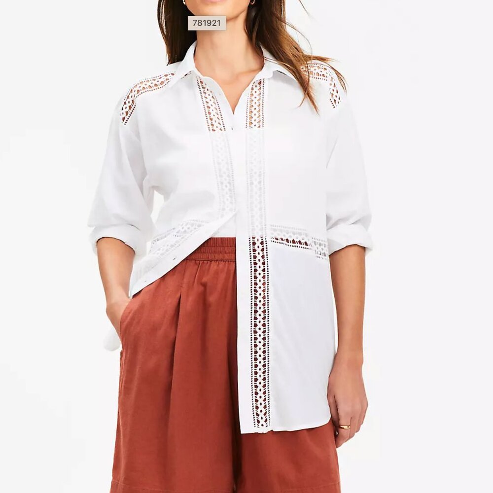 LOFT White Button Down with Crochet Detail | Medium